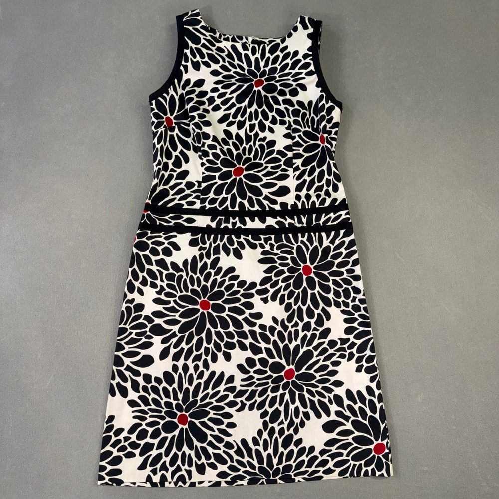 Talbots Womens Black White Red Floral Sheath Dress Grosgrain Waist Size 10